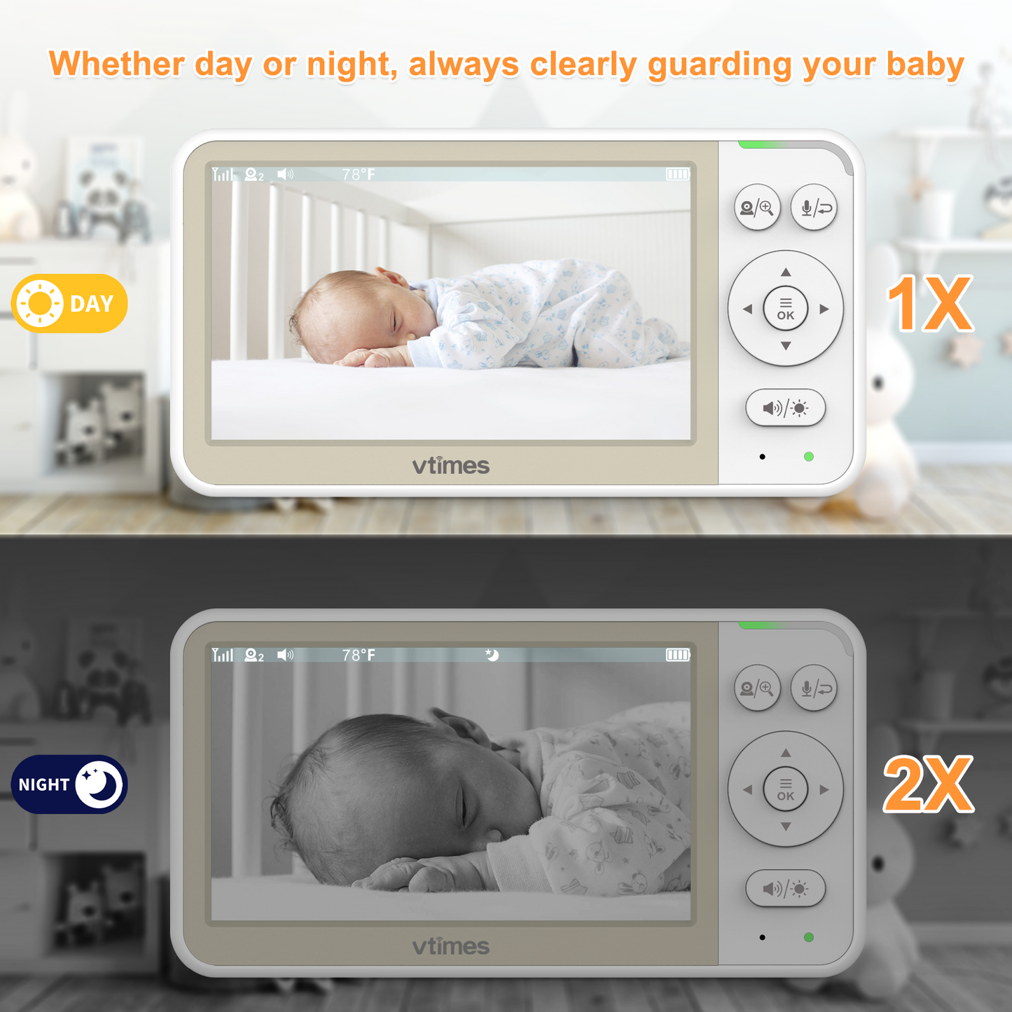 VT506-2 Baby Monitor with 2 Cameras – 5" Display, No WiFi, 32H Battery, PTZ, VOX, Night Vision