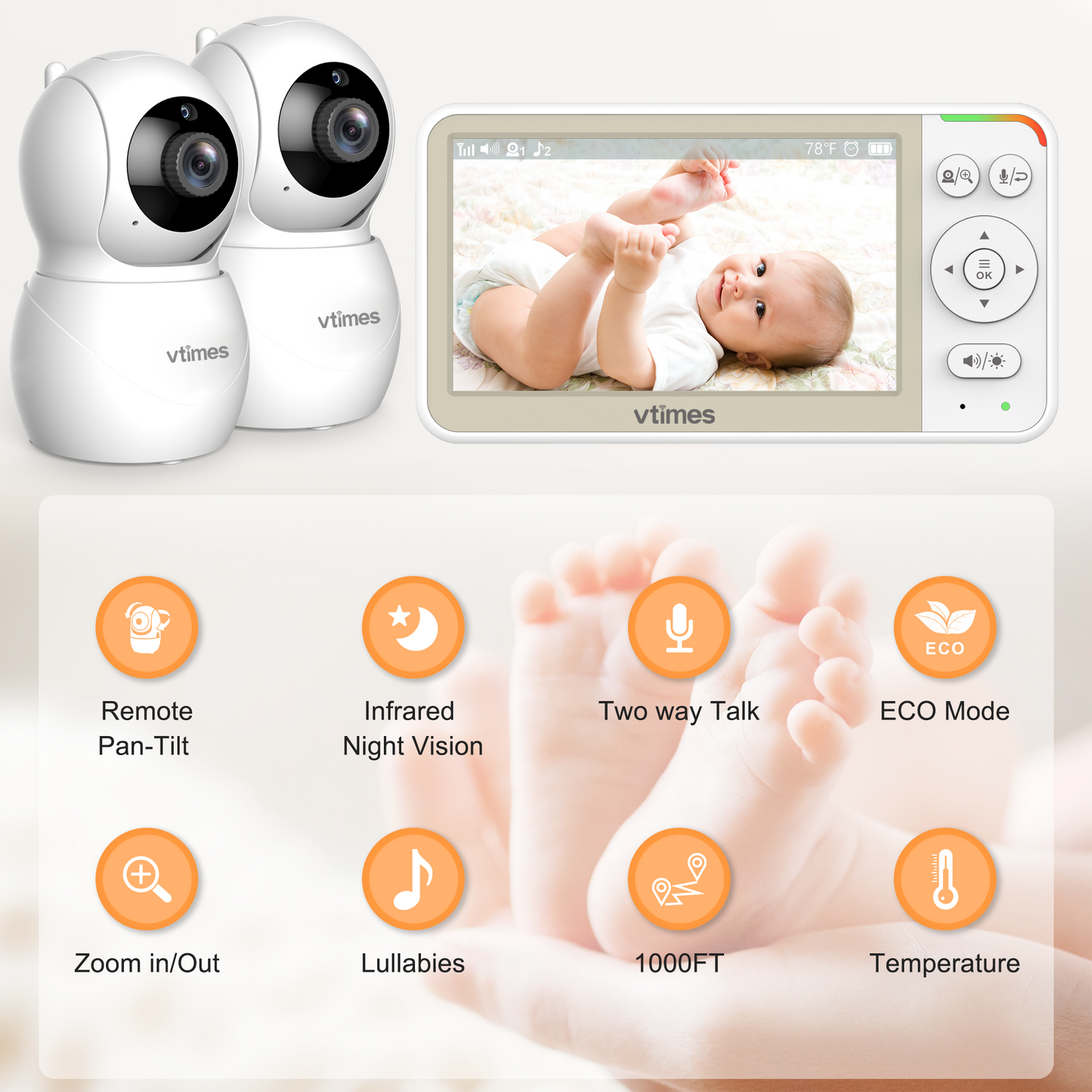 VT506-2 Baby Monitor with 2 Cameras – 5" Display, No WiFi, 32H Battery, PTZ, VOX, Night Vision