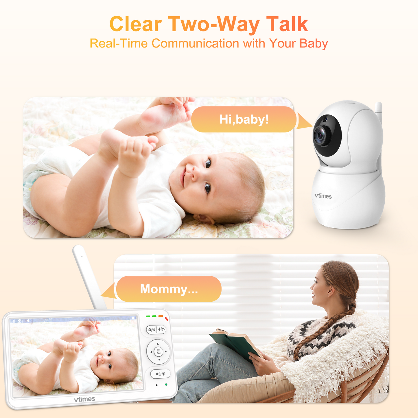 VT601 Baby Monitor with 6'' Screen, 30H Battery, No WiFi, Night Vision, 2-Way Talk & PTZ