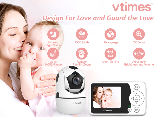 VT202 Baby Monitor with Camera, 2.4" Screen, No WiFi, Night Vision, VOX, 1000ft Range