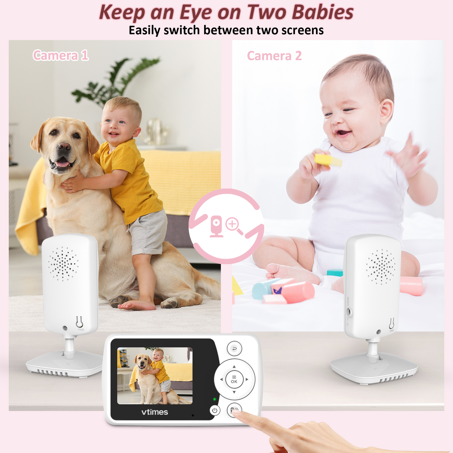 VT31-2 Baby Monitor with 2 Cameras, No WiFi, Night Vision, VOX, 1000ft Range