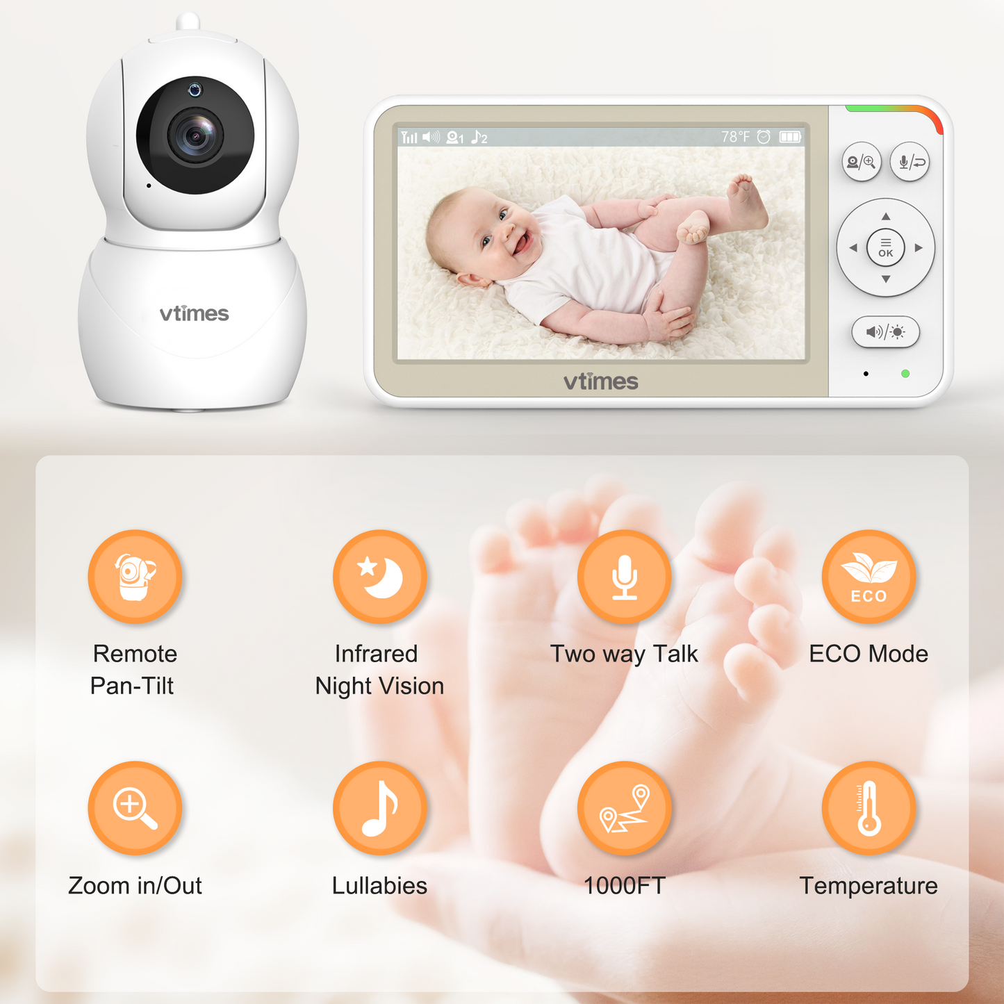 VT506 Baby Monitor, 5" Screen, No WiFi, 32H Battery, VOX, PTZ, Night Vision, 2-Way Talk