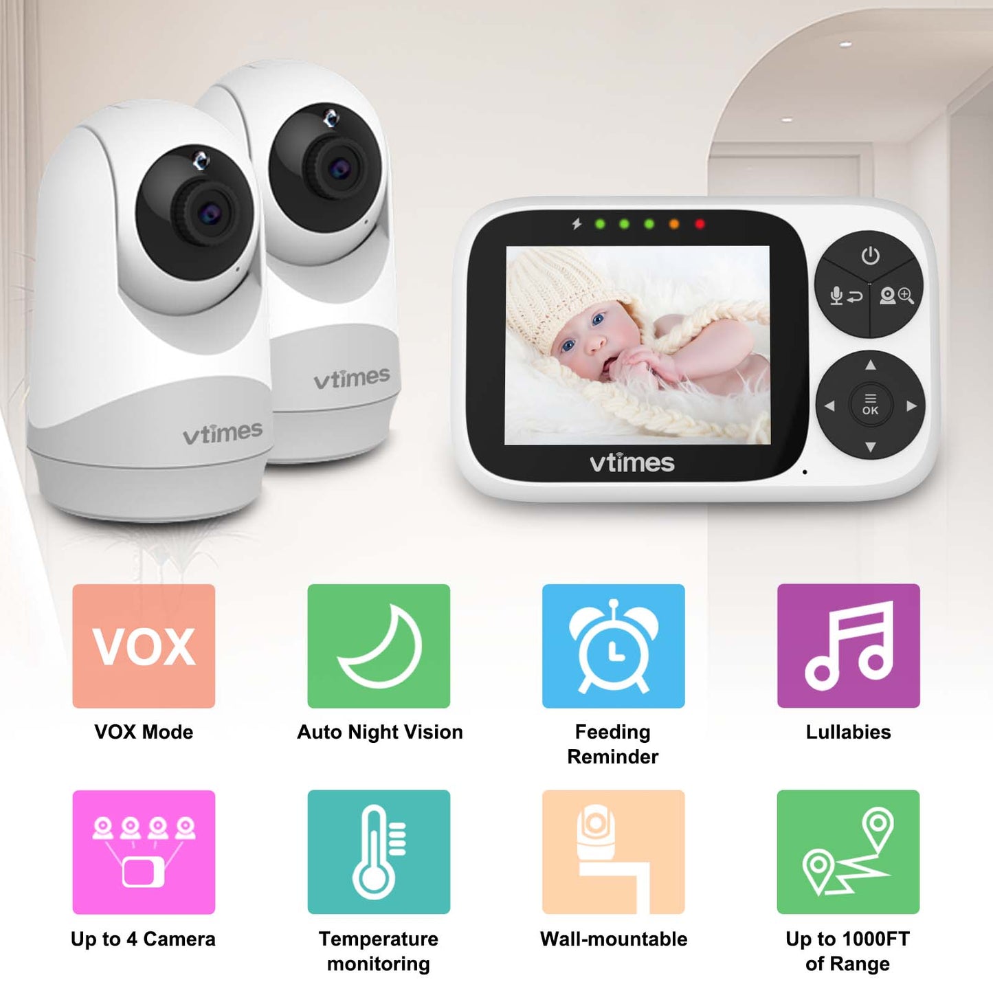 VT302-2 Baby Monitor with 2 Cameras,No WiFi, Night Vision, VOX, 1000ft Range