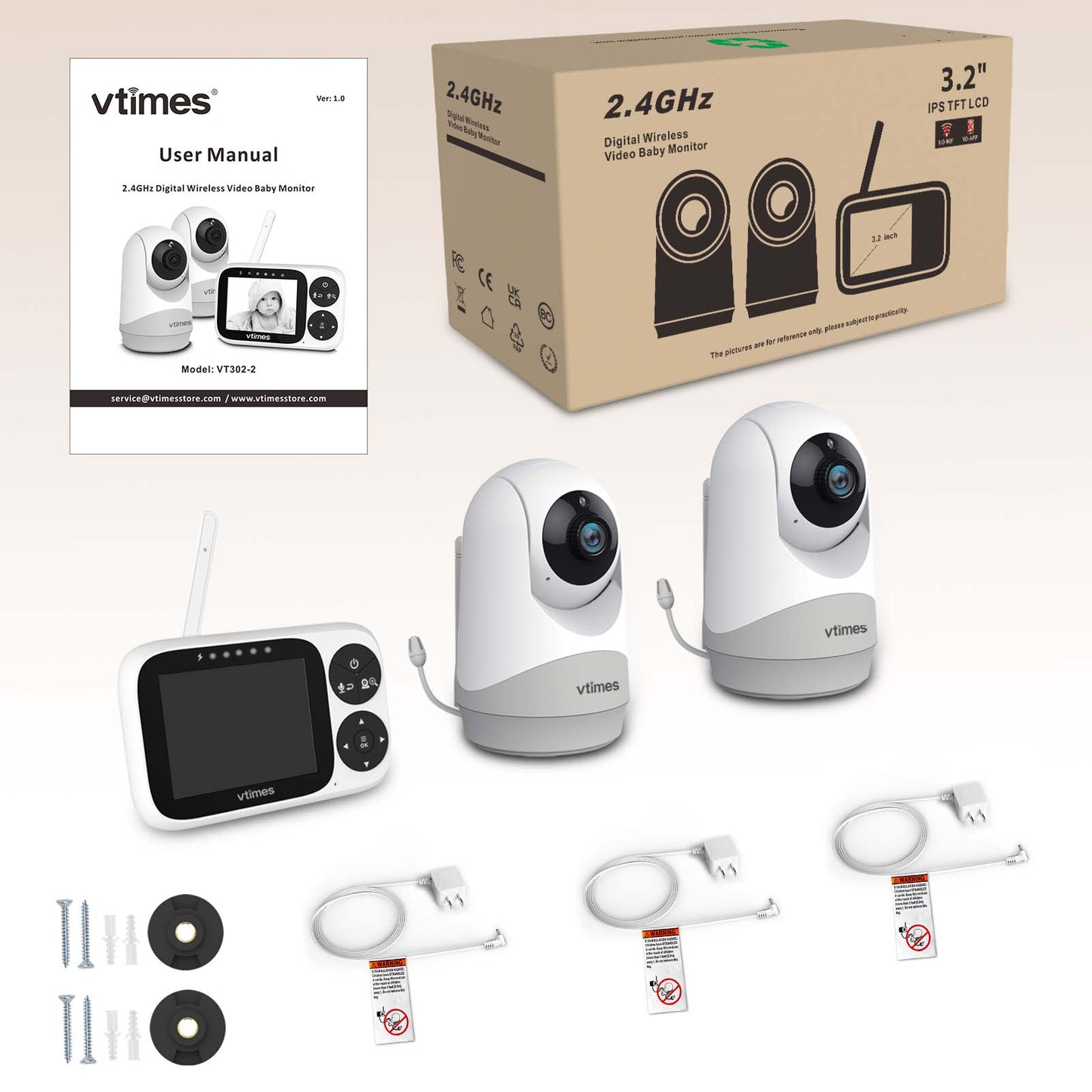 VT302-2 Baby Monitor with 2 Cameras,No WiFi, Night Vision, VOX, 1000ft Range