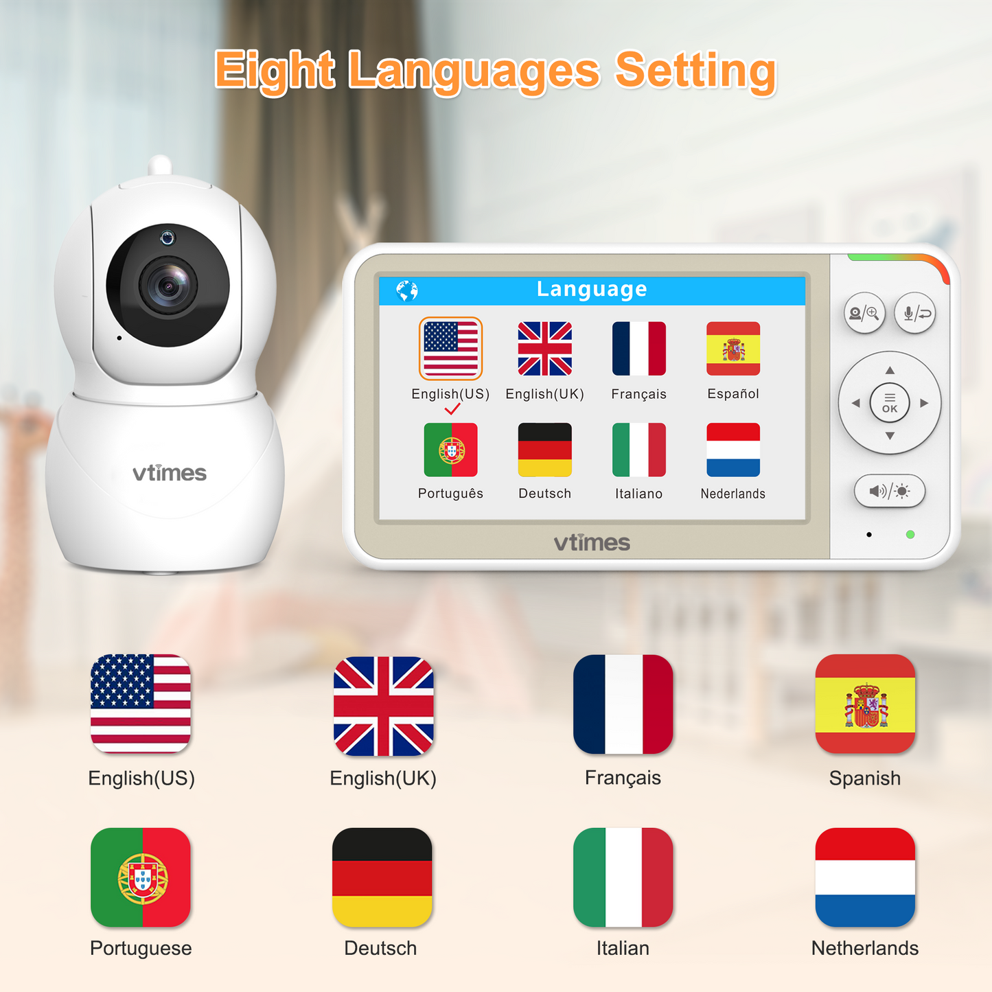 VT506 Baby Monitor, 5" Screen, No WiFi, 32H Battery, VOX, PTZ, Night Vision, 2-Way Talk