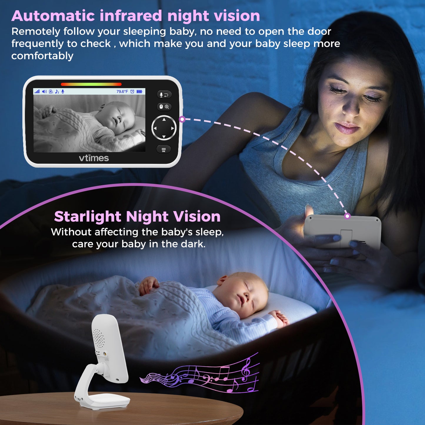 VT50 Baby Monitor with 5" Screen, No WiFi, 2-Way Talk, Night Vision, 1000ft Range