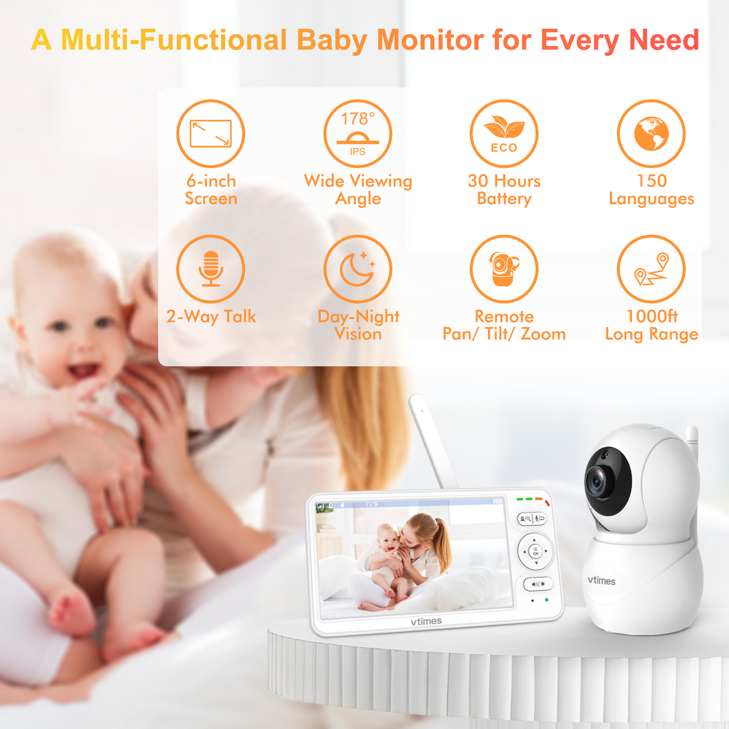 VT601 Baby Monitor with 6'' Screen, 30H Battery, No WiFi, Night Vision, 2-Way Talk & PTZ