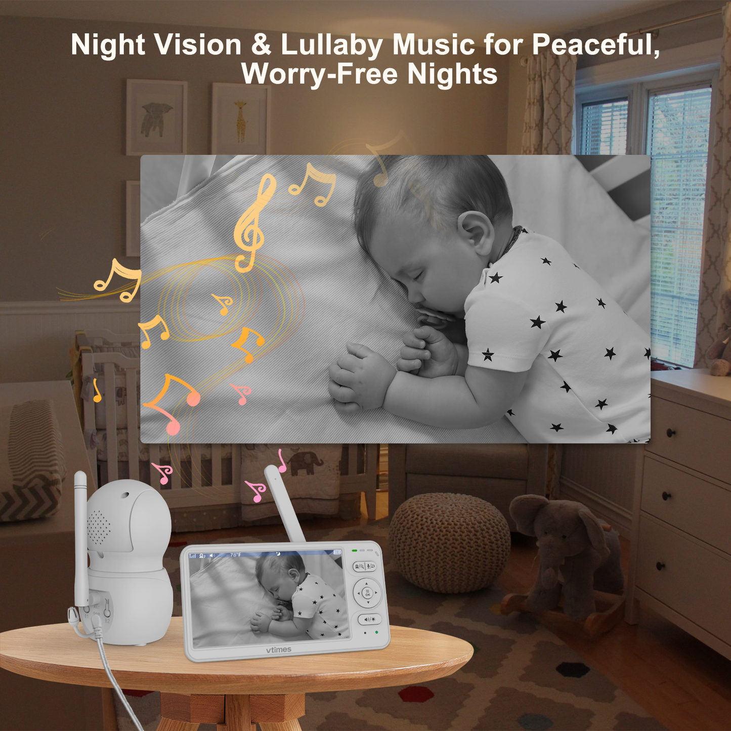 VT601 Baby Monitor with 6'' Screen, 30H Battery, No WiFi, Night Vision, 2-Way Talk & PTZ