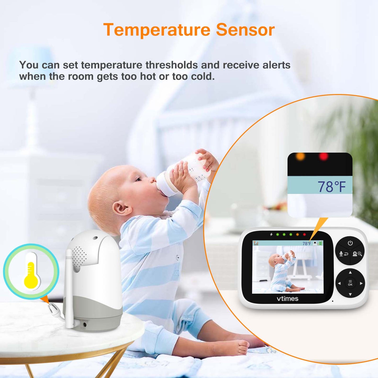 VT302-2 Baby Monitor with 2 Cameras,No WiFi, Night Vision, VOX, 1000ft Range