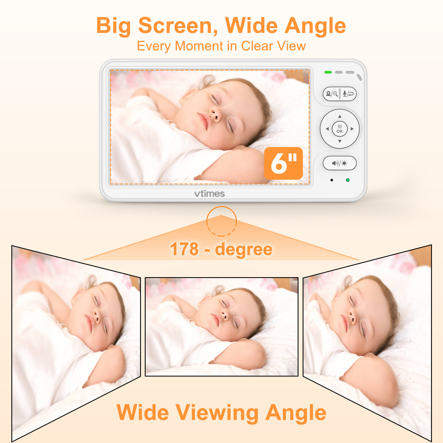 VT601 Baby Monitor with 6'' Screen, 30H Battery, No WiFi, Night Vision, 2-Way Talk & PTZ