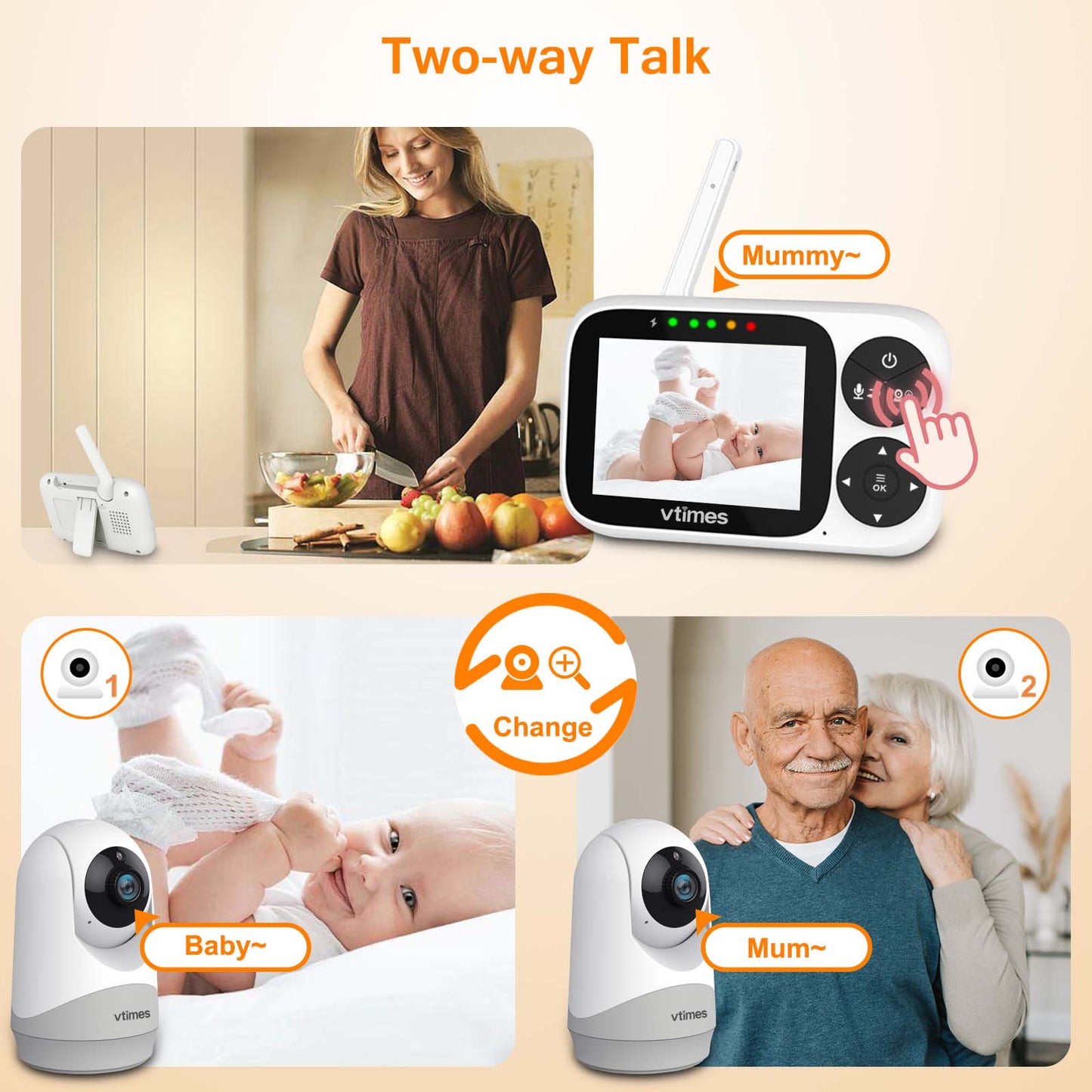 VT302-2 Baby Monitor with 2 Cameras,No WiFi, Night Vision, VOX, 1000ft Range