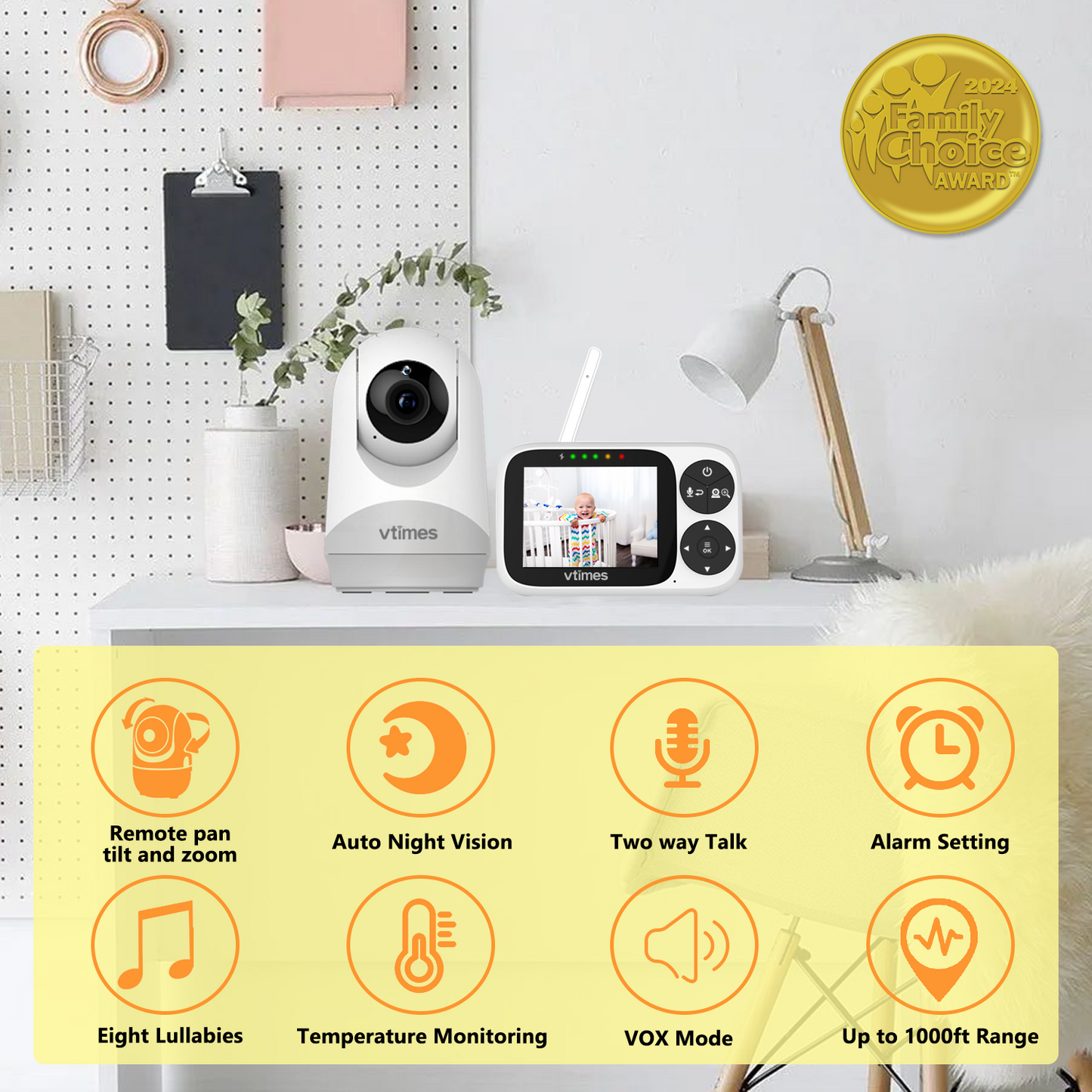 VT302 Baby Monitor with Camera and Audio, 3.2" Screen, No WiFi, Night Vision, PTZ Alarm, 1000ft Range, Ideal for Baby/Elderly/Pet
